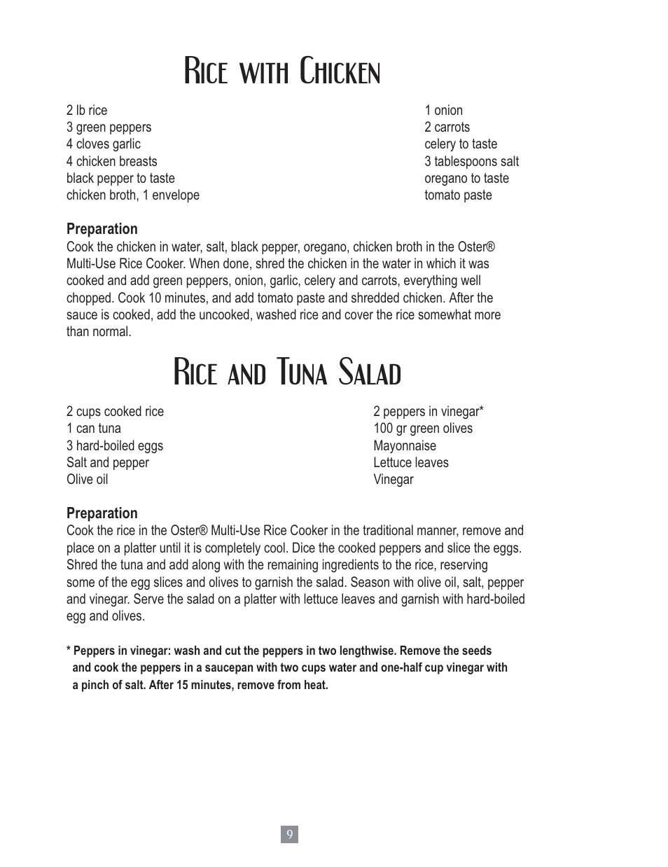 Rice with chicken, Rice and tuna salad | Oster 4728 User Manual | Page 10 / 14