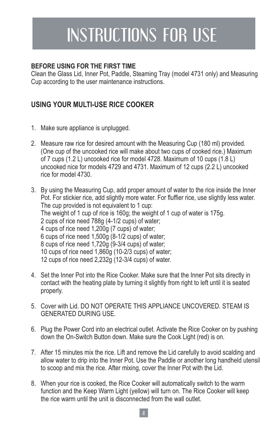 Instructions for use | Oster 4728 User Manual | Page 5 / 14