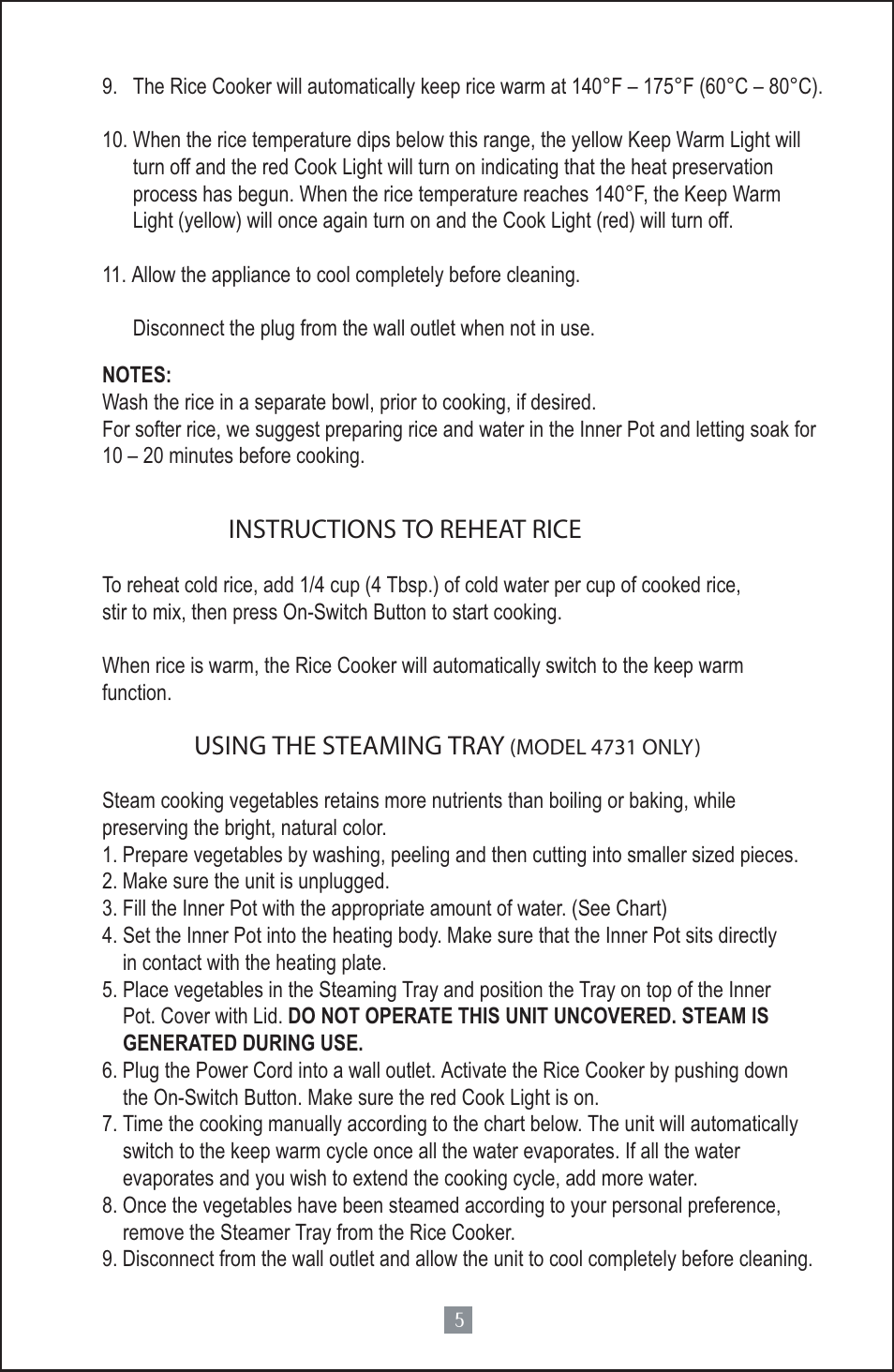 Instructions to reheat rice, Using the steaming tray | Oster 4728 User Manual | Page 6 / 14