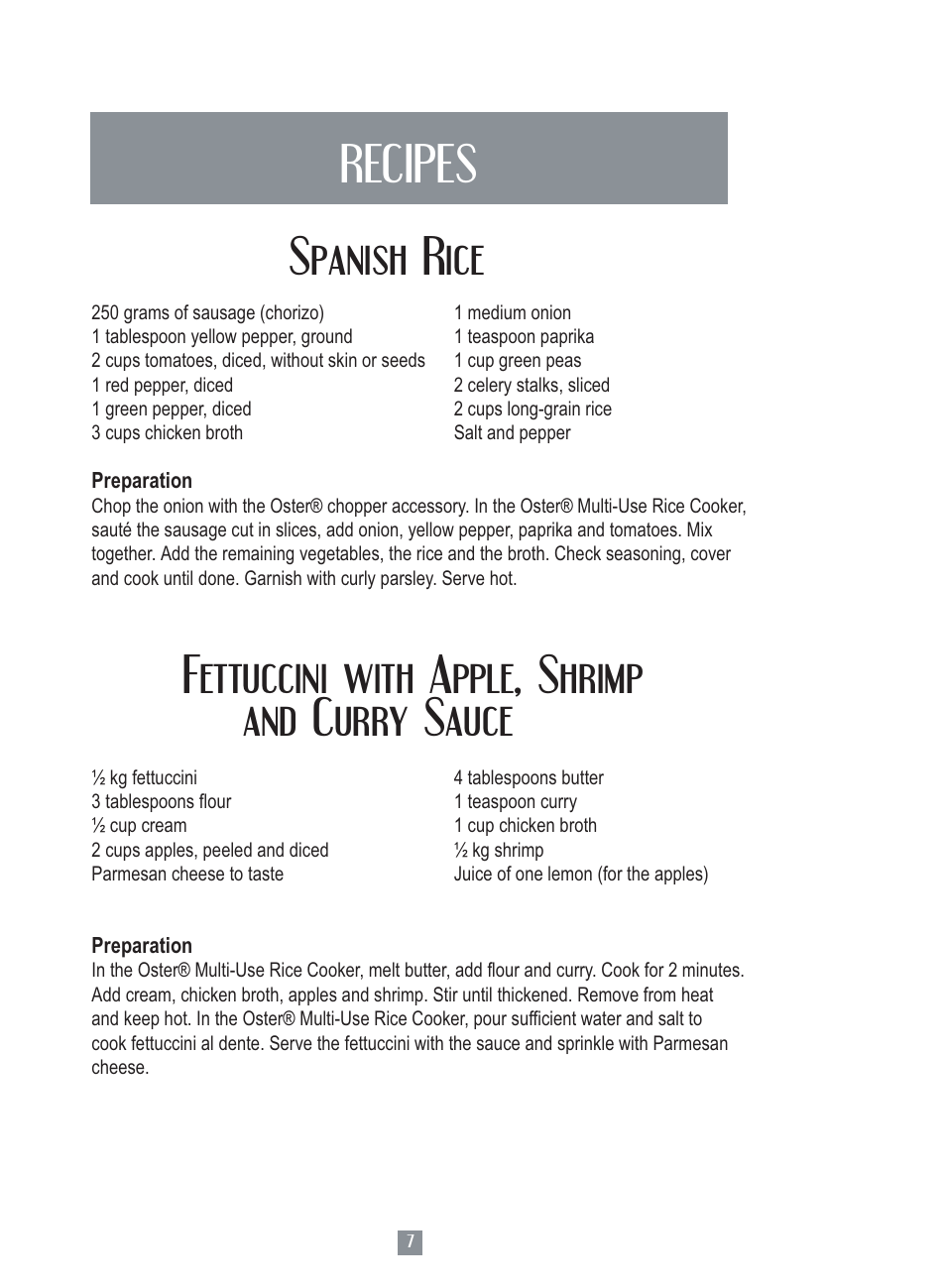 Spanish rice, Fettuccini with apple, shrimp and curry sauce, Recipes | Oster 4728 User Manual | Page 8 / 14