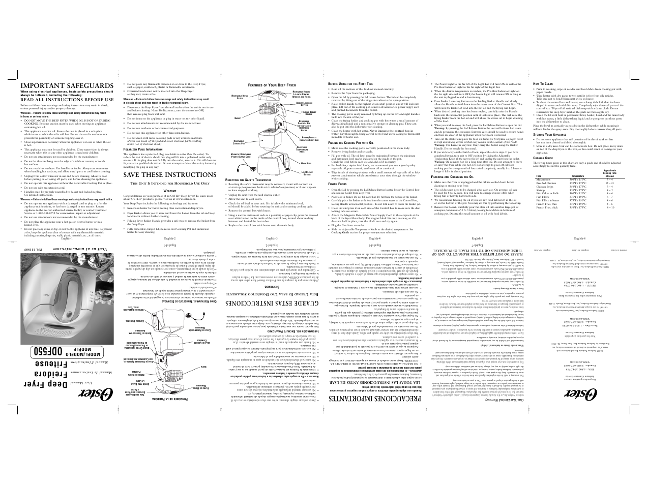 Odf550, Deep fryer, Freidora | Friteuse, Precauciones importantes, Important safeguards, Save these instructions, Guarde estas instrucciones | Oster ODF550 User Manual | Page 3 / 9