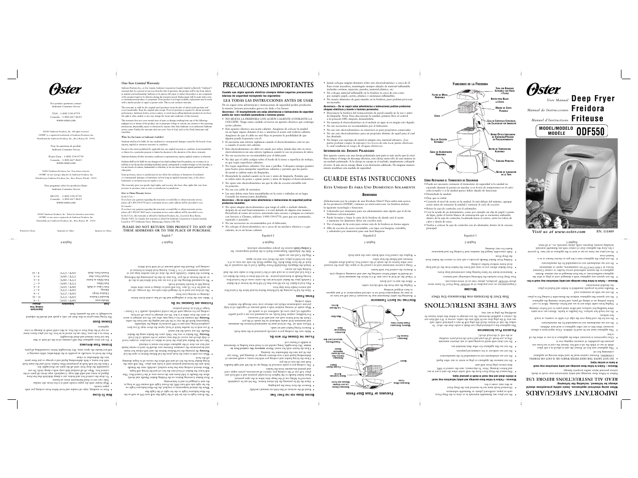 Odf550, Deep fryer, Freidora | Friteuse, Precauciones importantes, Import ant safeguards, Sa ve these instructions, Guarde estas instrucciones | Oster ODF550 User Manual | Page 8 / 9