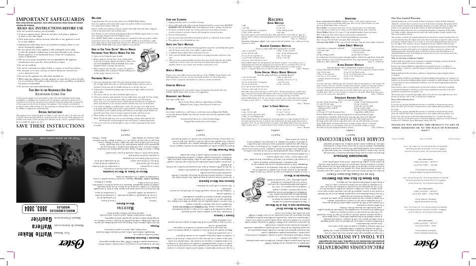Waffle maker, Waflera, Gaufrier | Important safeguards, Guarde estas instrucciones, Save these instructions, Precauciones import antes, Lea todas las instrucciones, Read all instructions before use, Ecipes | Oster 3884 User Manual | Page 3 / 7