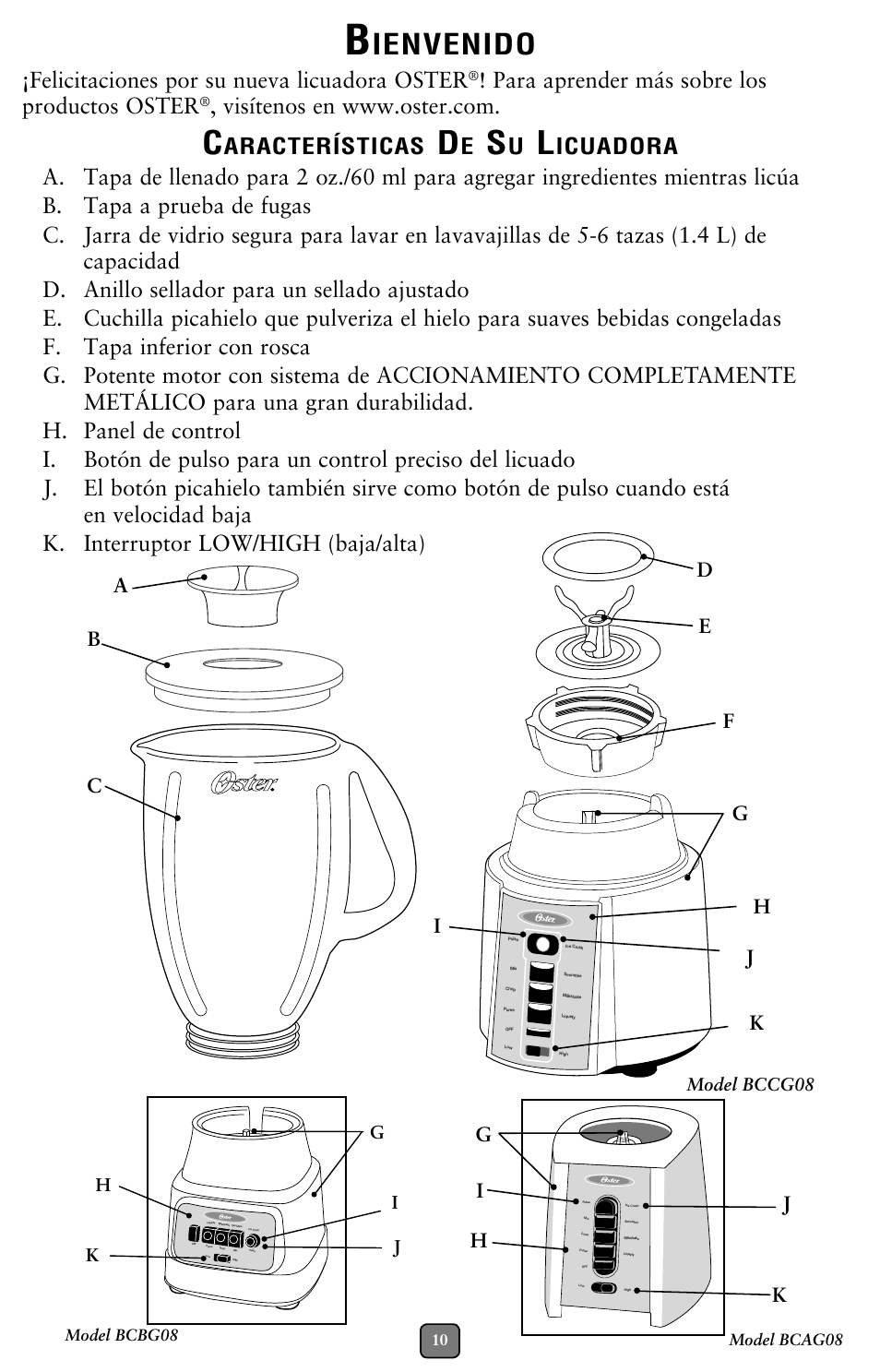 Ienvenido, Felicitaciones por su nueva licuadora oster, Para aprender más sobre los productos oster | Aracterísticas, Model bccg08, Gh j k i | Oster BCBG08 User Manual | Page 10 / 24