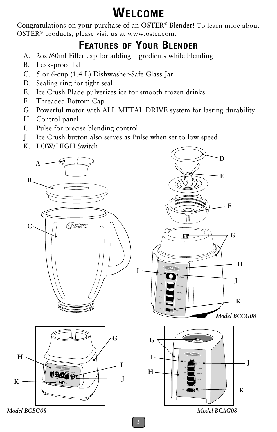 Elcome, Blender, Eatures | Oster BCBG08 User Manual | Page 3 / 24