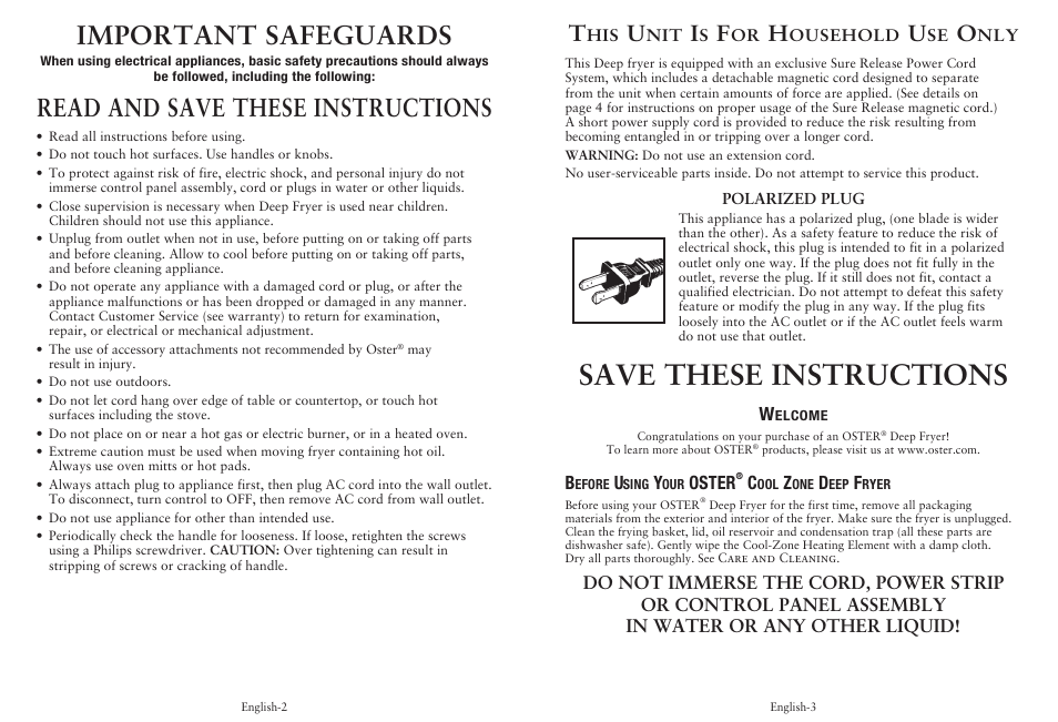 Save these instructions, Important safeguards, Read and save these instructions | Oster CKSTDFZM70 User Manual | Page 2 / 12