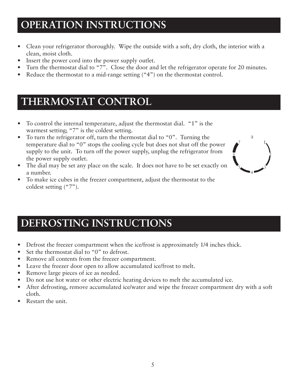 Operation instructions, Thermostat control, Defrosting instructions | Oster OR03SCGBS User Manual | Page 5 / 9