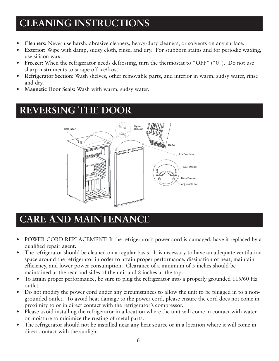 Care and maintenance, Cleaning instructions, Reversing the door | Oster OR03SCGBS User Manual | Page 6 / 9