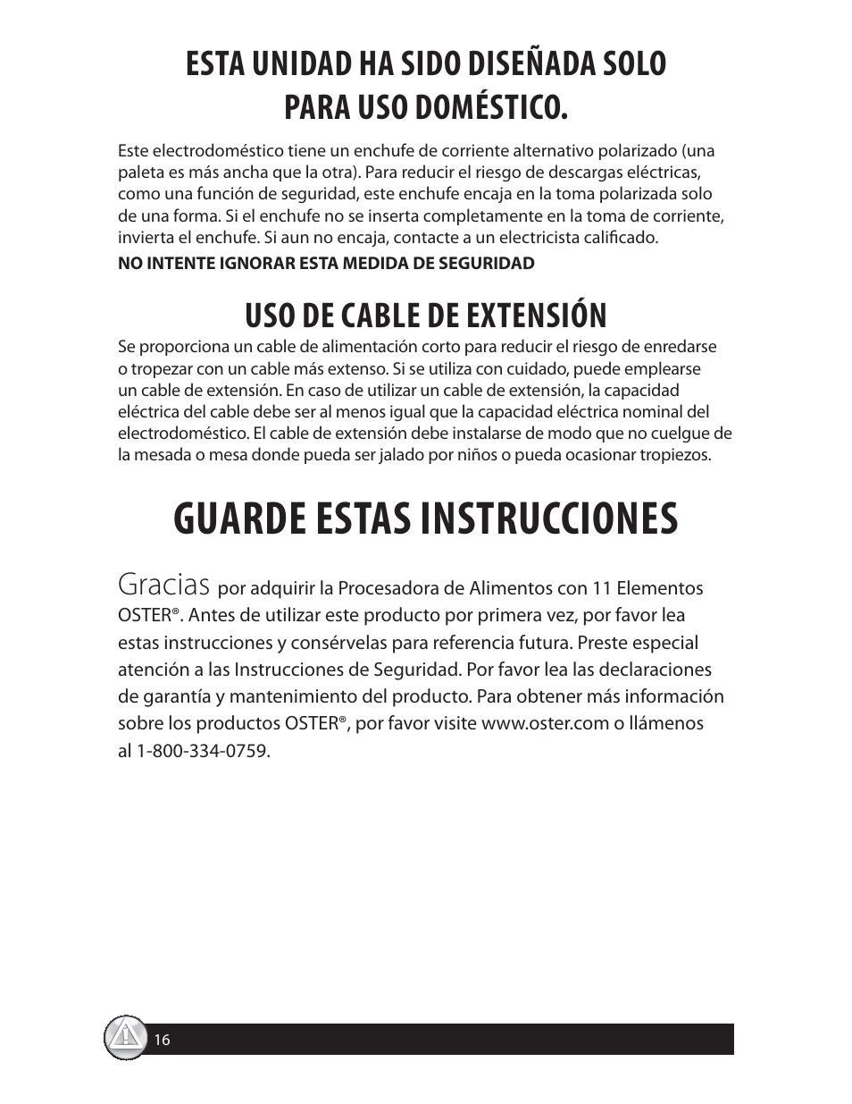 Guarde estas instrucciones, Uso de cable de extensión, Gracias | Oster FPSTFP4250 User Manual | Page 16 / 28