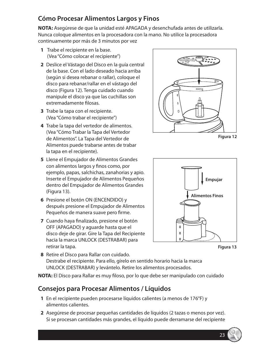 Cómo procesar alimentos largos y finos, Consejos para procesar alimentos / líquidos | Oster FPSTFP4250 User Manual | Page 23 / 28