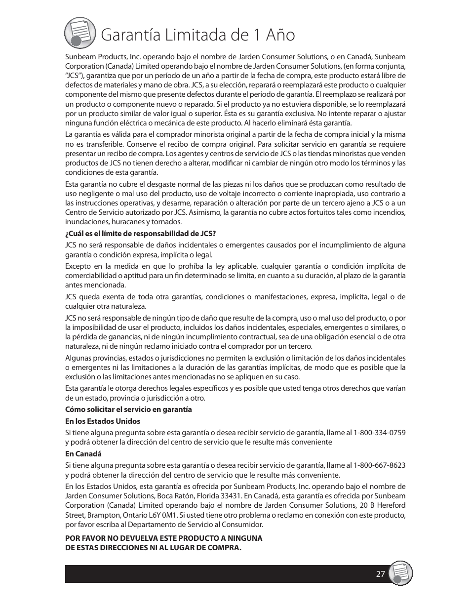 Garantía limitada de 1 año | Oster FPSTFP4250 User Manual | Page 27 / 28