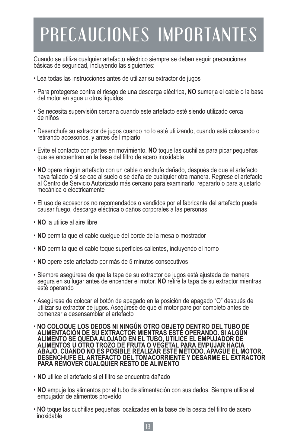 Precauciones importantes | Oster 124828 User Manual | Page 14 / 26