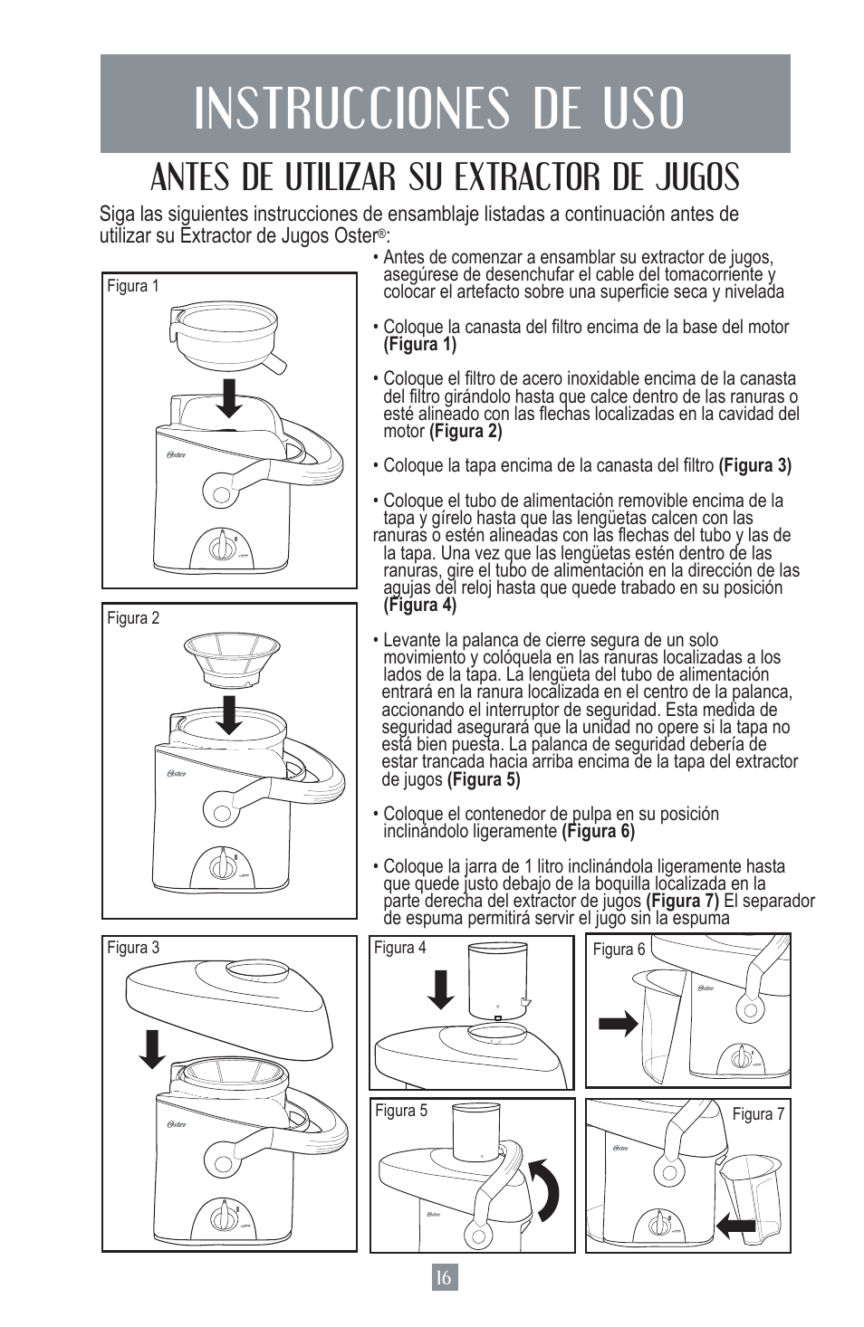 Instrucciones de uso, Antes de utilizar su extractor de jugos | Oster 124828 User Manual | Page 17 / 26