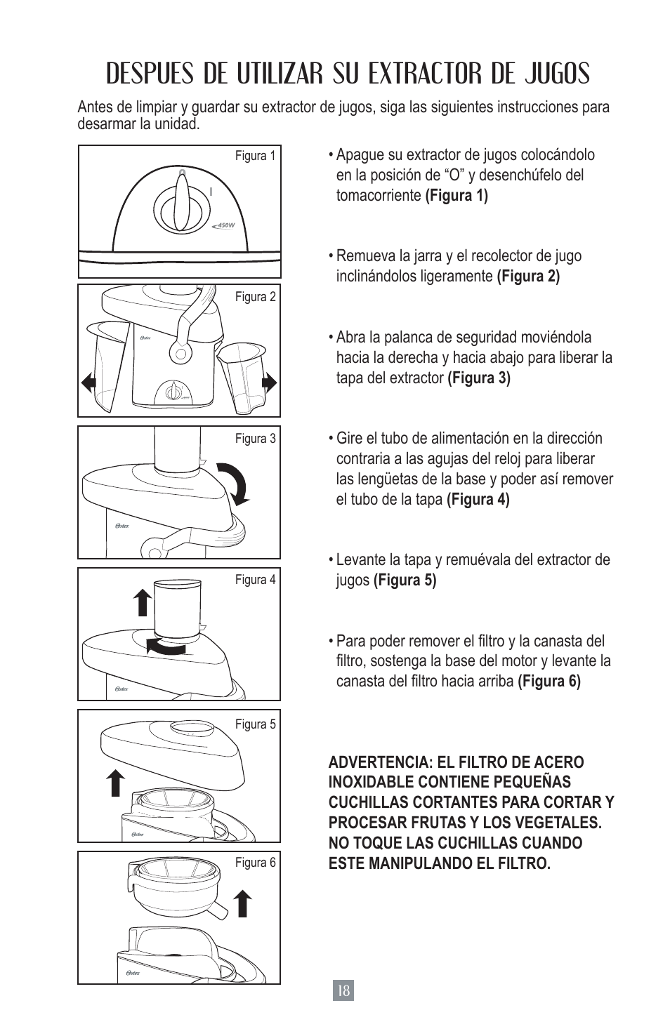 Despues de utilizar su extractor de jugos | Oster 124828 User Manual | Page 19 / 26
