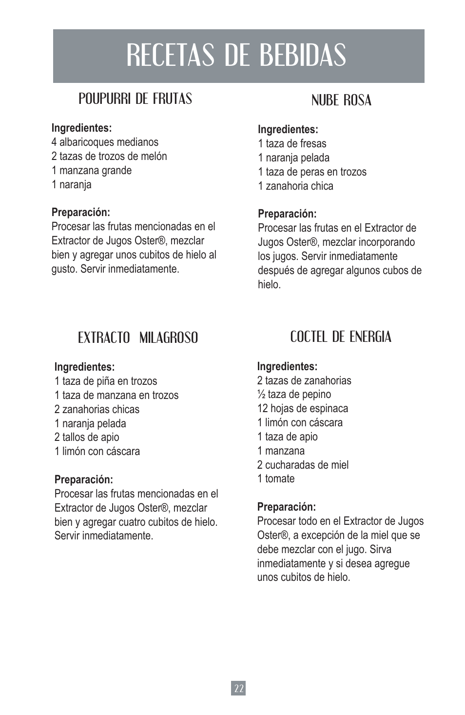 Recetas de bebidas | Oster 124828 User Manual | Page 23 / 26