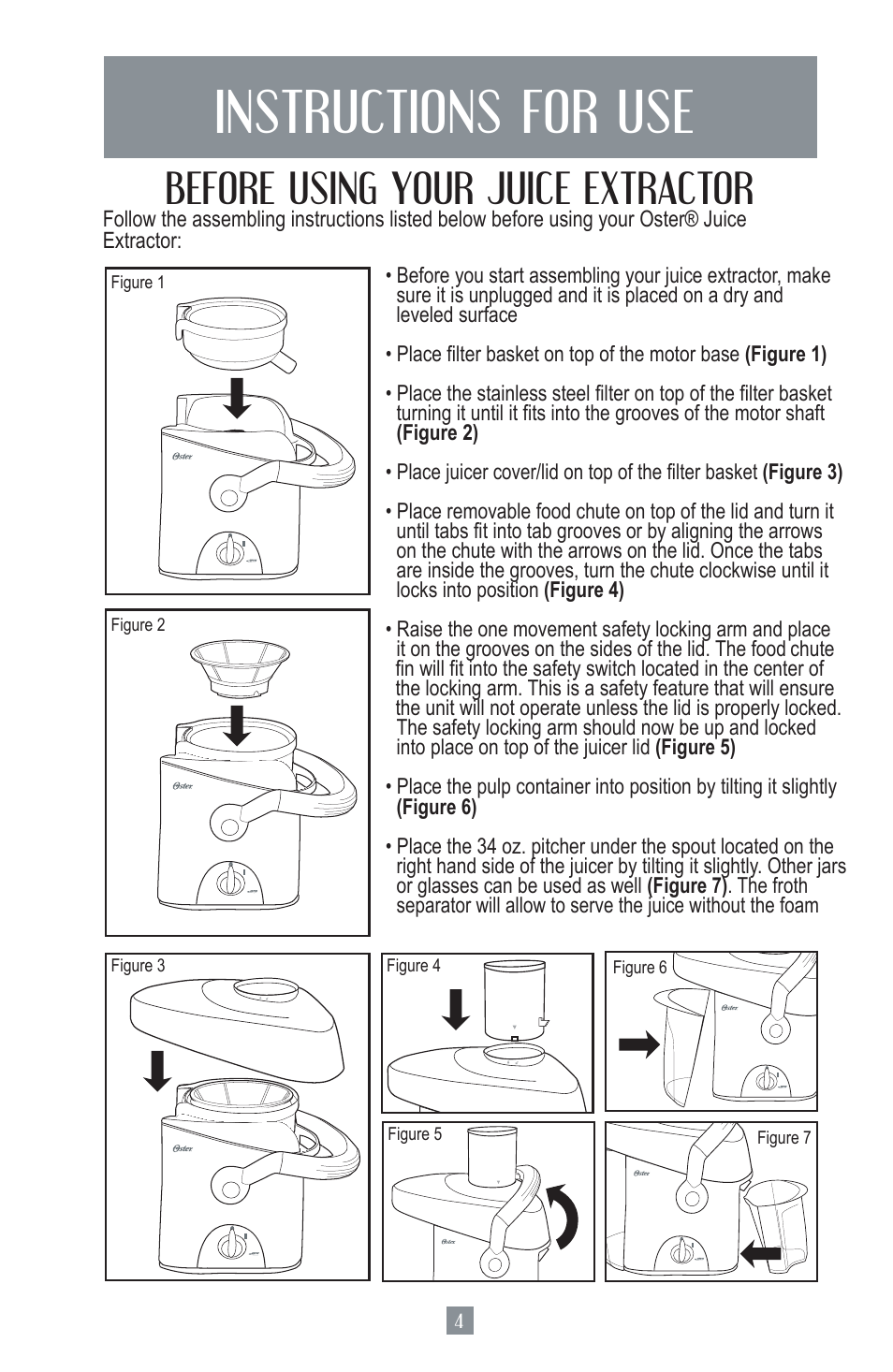 Instructions for use, Before using your juice extractor | Oster 124828 User Manual | Page 5 / 26