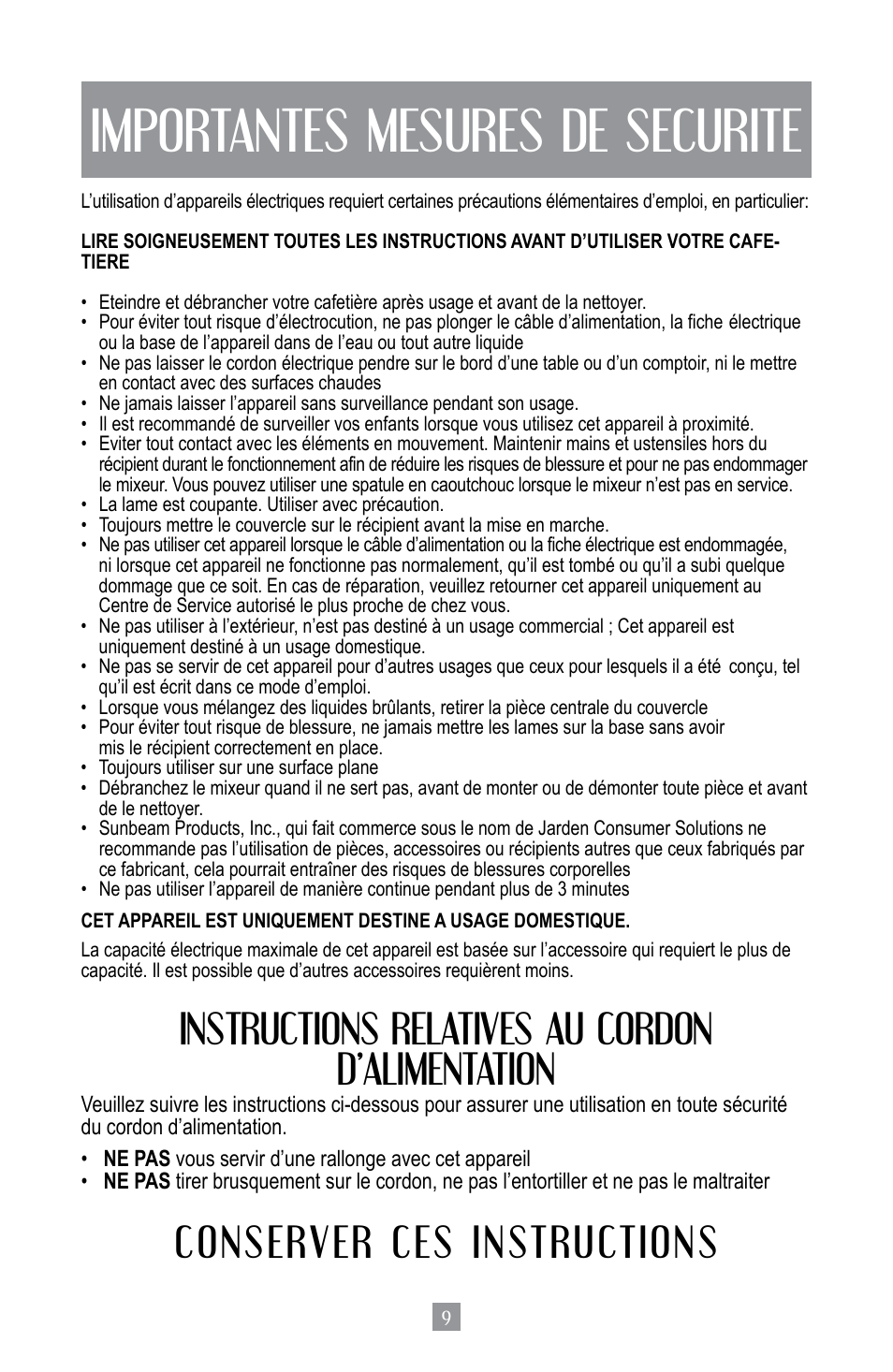 Importantes mesures de securite, Instructions relatives au cordon d’alimentation, Conserver ces instructions | Oster BPST02-B-050 User Manual | Page 10 / 34