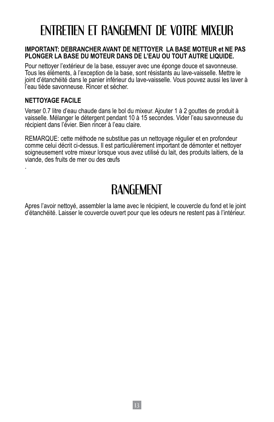 Entretien et rangement de votre mixeur, Rangement | Oster BPST02-B-050 User Manual | Page 14 / 34