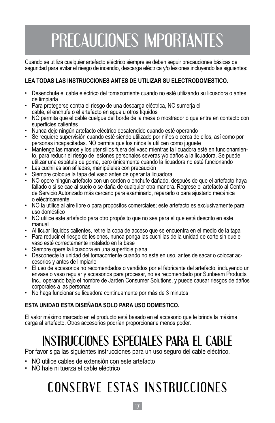 Precauciones importantes, Instrucciones especiales para el cable, Conserve estas instrucciones | Oster BPST02-B-050 User Manual | Page 18 / 34