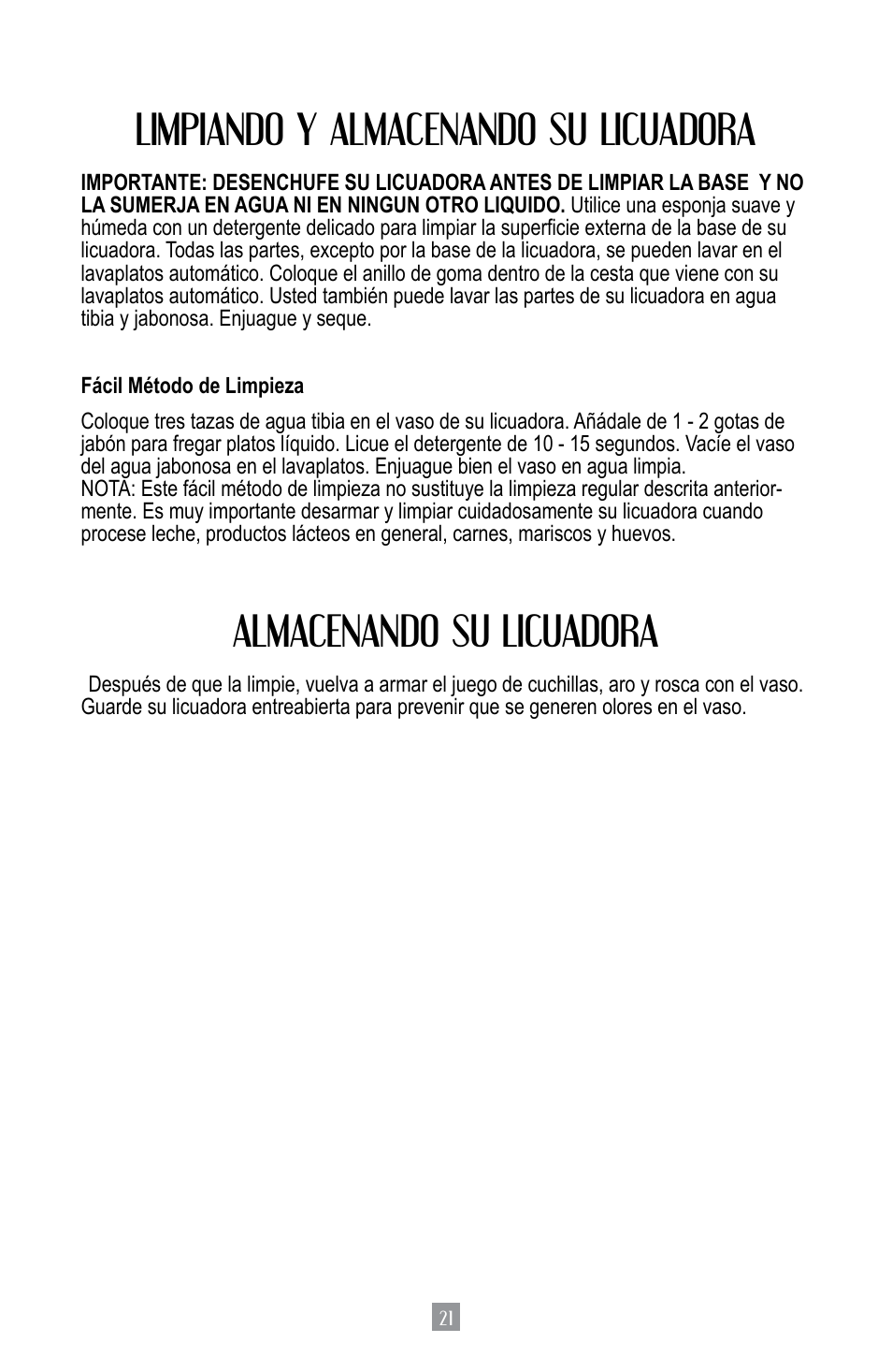 Limpiando y almacenando su licuadora, Almacenando su licuadora | Oster BPST02-B-050 User Manual | Page 22 / 34
