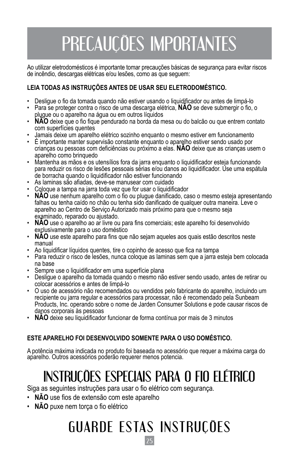 Precauções importantes, Instruções especiais para o fio elétrico, Guarde estas instruções | Oster BPST02-B-050 User Manual | Page 26 / 34