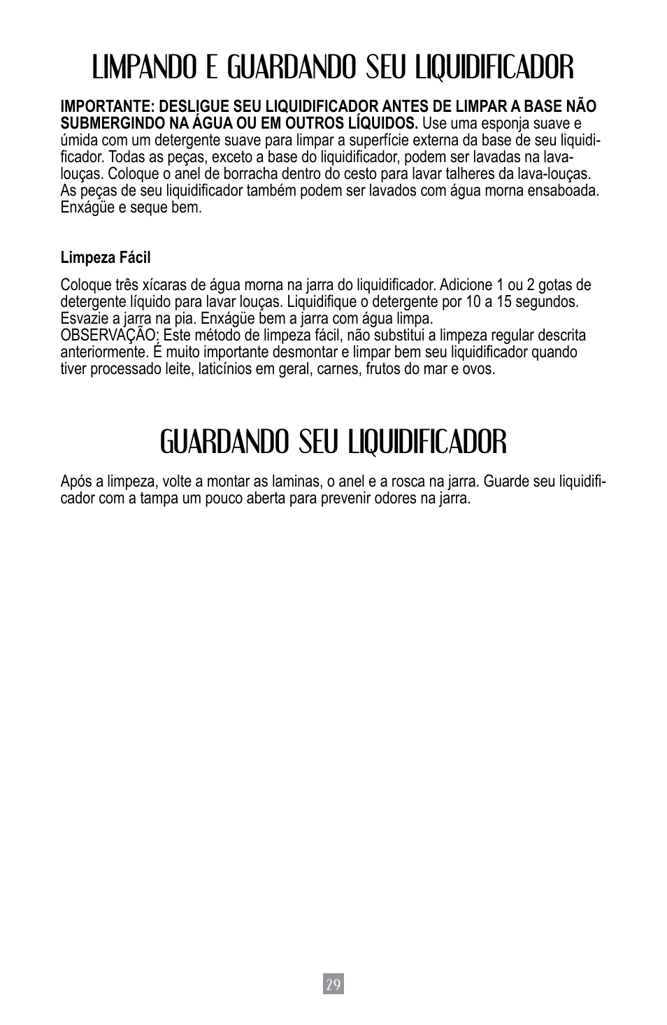 Limpando e guardando seu liquidificador, Guardando seu liquidificador | Oster BPST02-B-050 User Manual | Page 30 / 34
