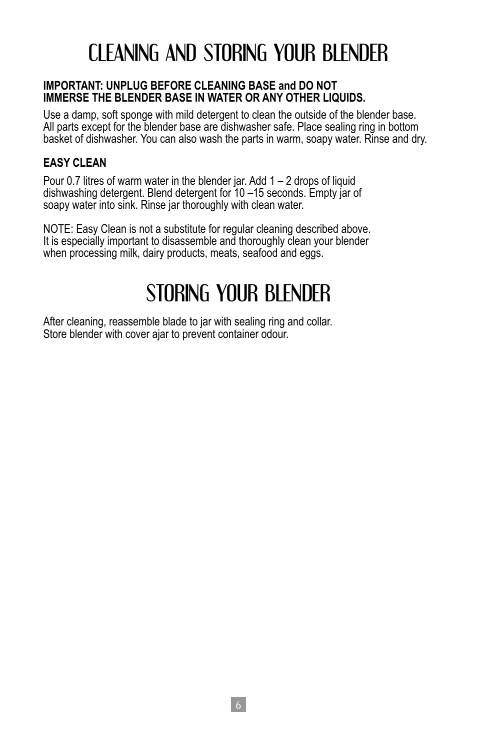 Cleaning and storing your blender, Storing your blender | Oster BPST02-B-050 User Manual | Page 7 / 34