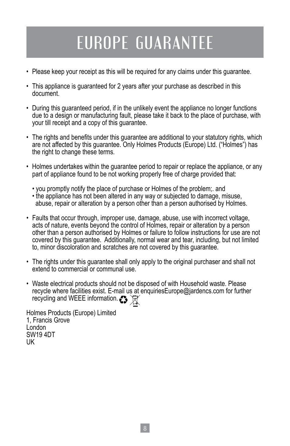 Europe guarantee | Oster BPST02-B-050 User Manual | Page 9 / 34
