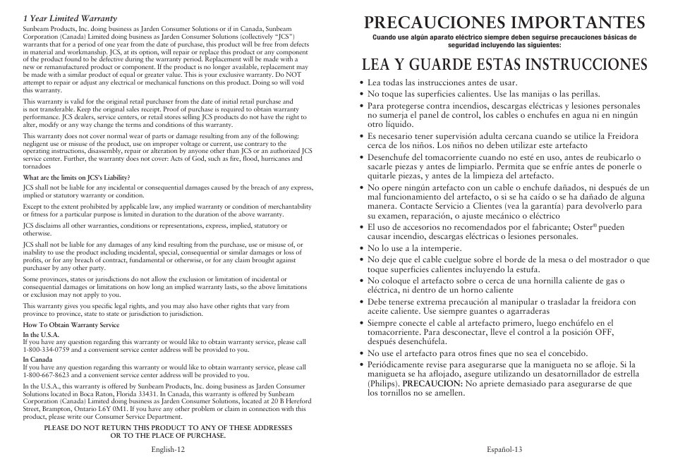 Precauciones importantes, Lea y guarde estas instrucciones | Oster CKSTDFZM53 User Manual | Page 7 / 12