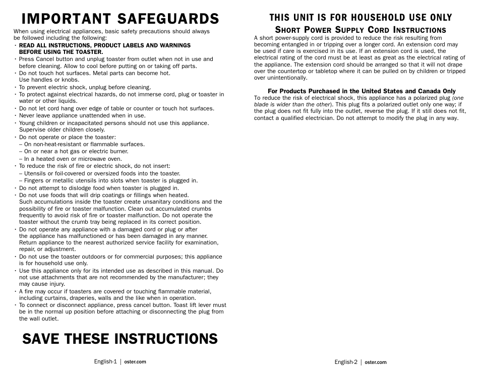 Important safeguards, Save these instructions, This unit is for household use only | Oster TSSTTRDFL1 User Manual | Page 2 / 11
