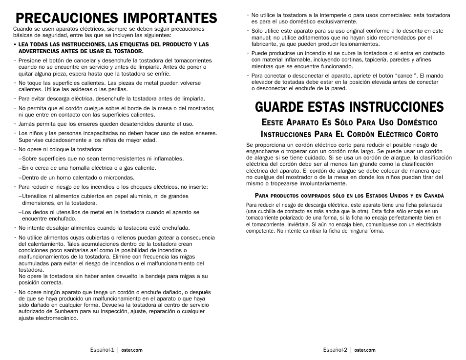 Precauciones importantes, Guarde estas instrucciones | Oster TSSTTRDFL1 User Manual | Page 6 / 11