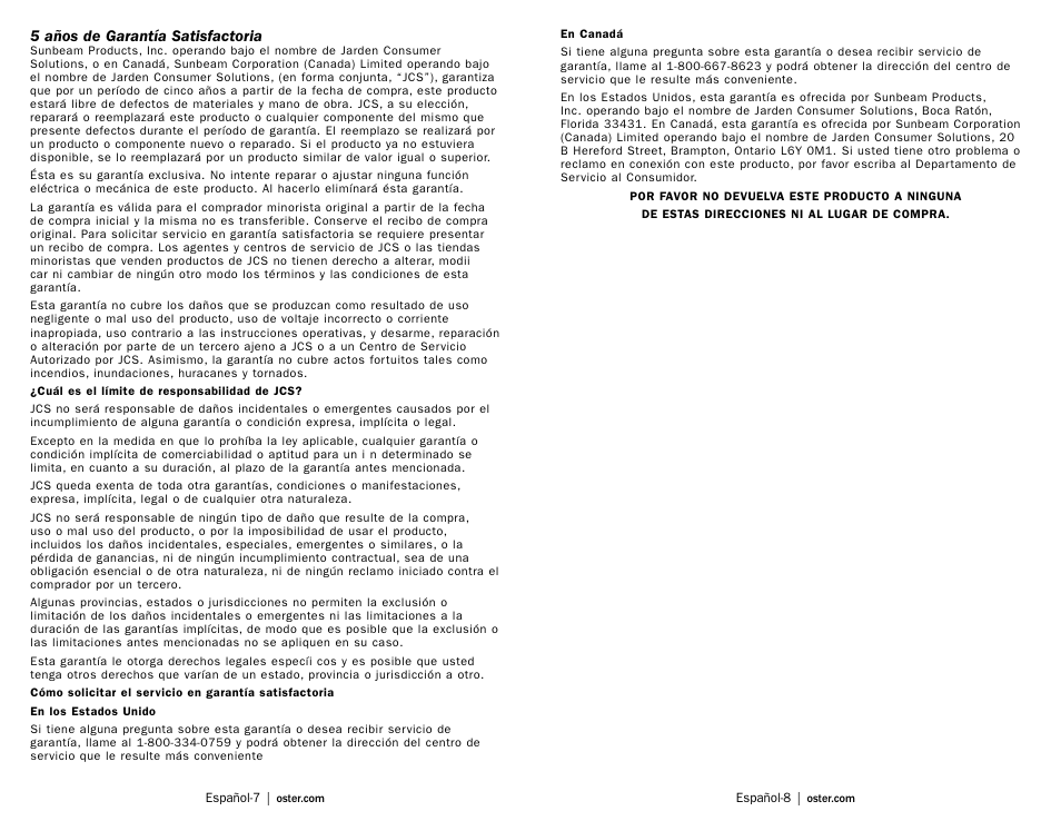 5 años de garantía satisfactoria | Oster TSSTTRDFL1 User Manual | Page 9 / 11