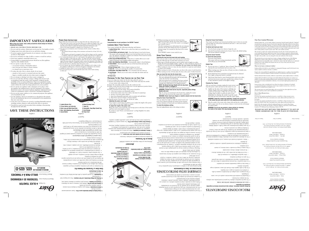 Important safeguards, Save these instructions, Precauciones import antes | Conserve est as instrucciones | Oster 6325 User Manual | Page 3 / 8