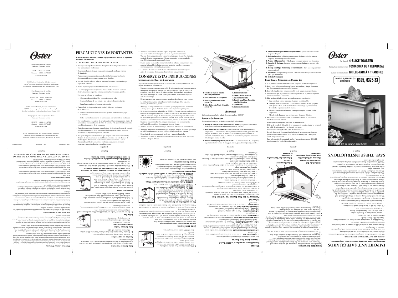 Import ant safeguards, Sa ve these instructions, Precauciones importantes | Conserve estas instrucciones, Slice toaster, Tostadora de 4 rebanadas, Grille-pain à 4 tranches | Oster 6325 User Manual | Page 8 / 8