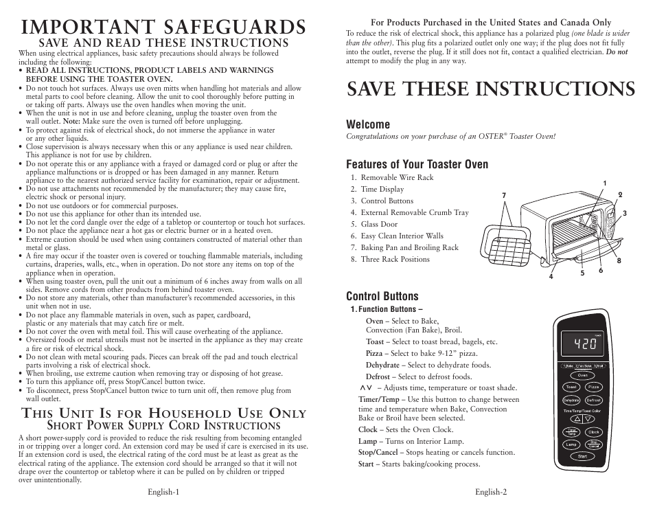 Important safeguards, Save these instructions | Oster 119311 User Manual | Page 2 / 13