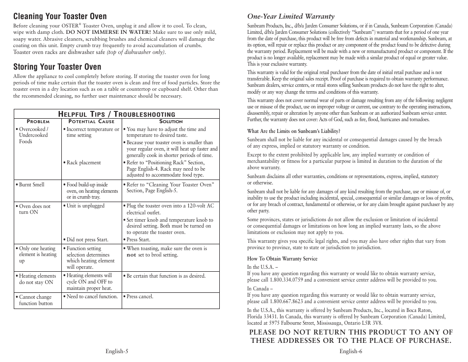 Cleaning your toaster oven, Storing your toaster oven | Oster 119311 User Manual | Page 4 / 13