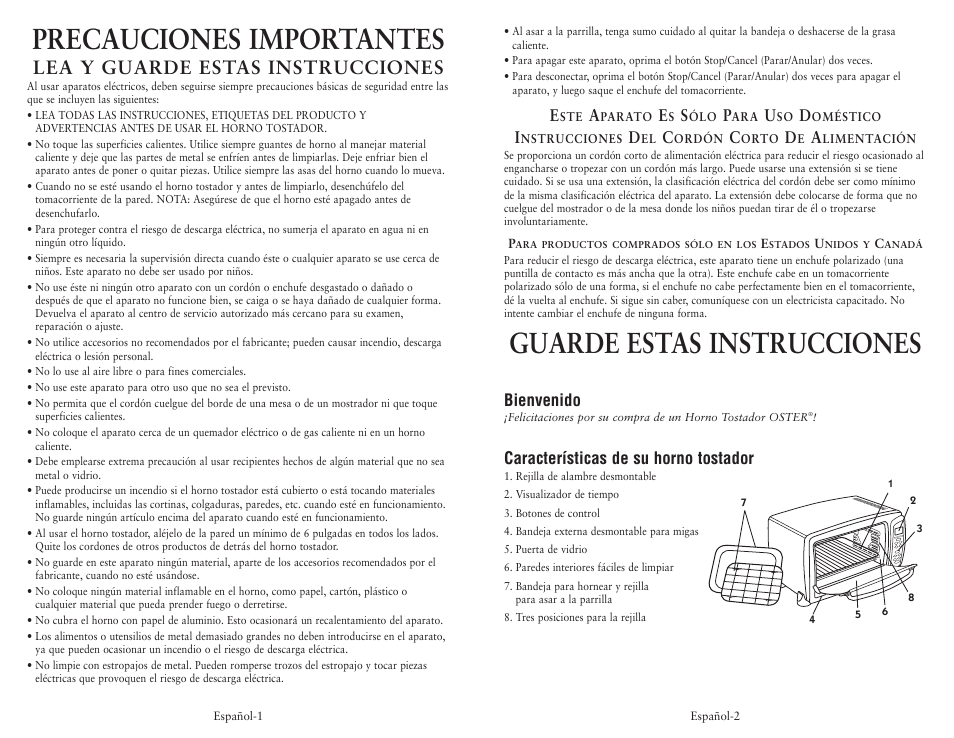 Guarde estas instrucciones, Precauciones importantes, Lea y guarde estas instrucciones | Bienvenido, Características de su horno tostador | Oster 119311 User Manual | Page 5 / 13