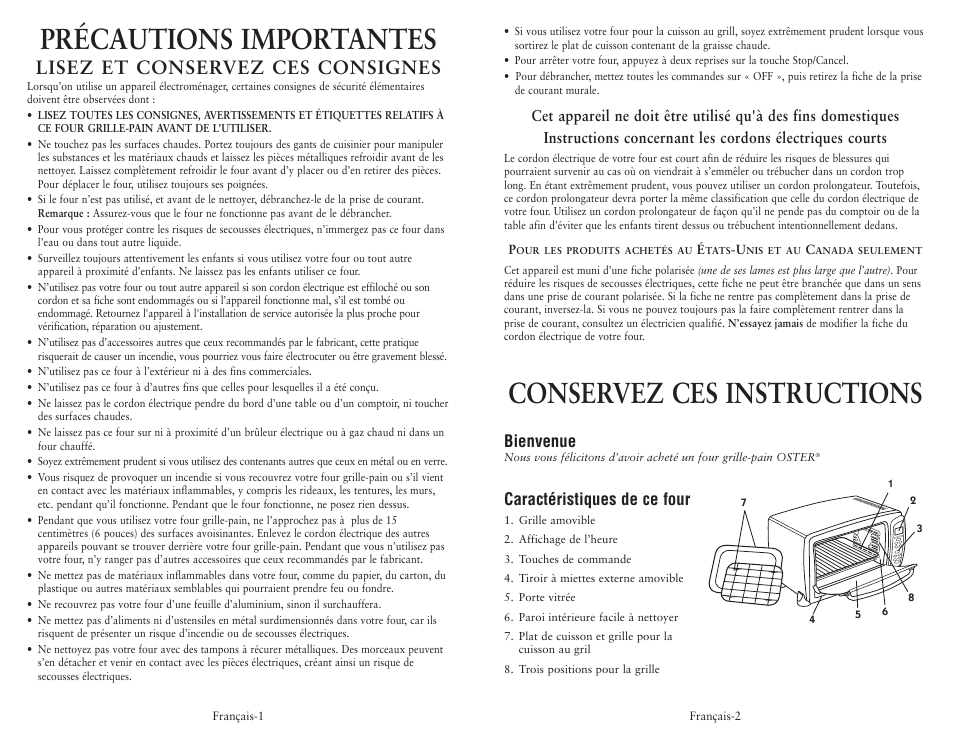 Conservez ces instructions, Précautions importantes, Lisez et conservez ces consignes | Bienvenue, Caractéristiques de ce four | Oster 119311 User Manual | Page 9 / 13