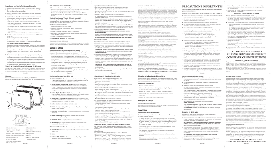 Précautions importantes, Conservez ces instructions, Consejos útiles | Interruption du grillage, Trucs utiles, Entretien du grille-pain, Limpiando su tostador, Para seleccionar el tipo de alimento, Cancelando el proceso de tostadora, Instructions spéciales quant au cordon | Oster 6332 User Manual | Page 2 / 2