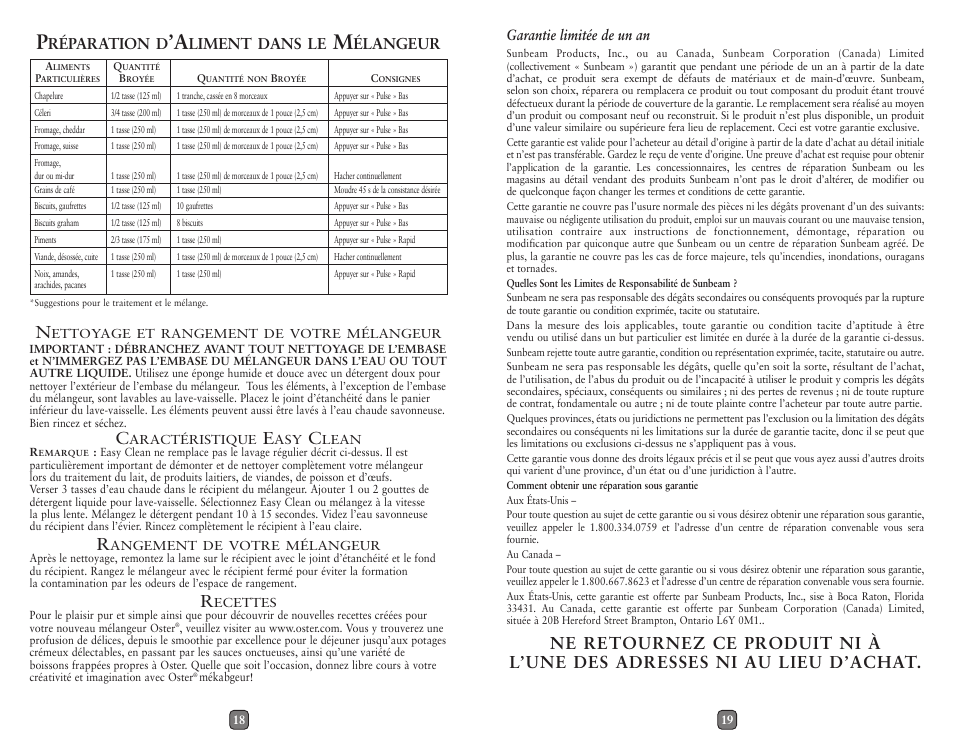 Réparation d, Liment dans le, Élangeur | Oster 133093 User Manual | Page 10 / 10