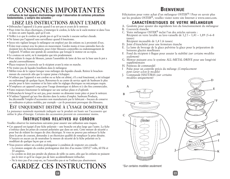 Consignes importantes, Gardez ces instructions, Lisez les instructions avant l’emploi | Oster 133093 User Manual | Page 8 / 10