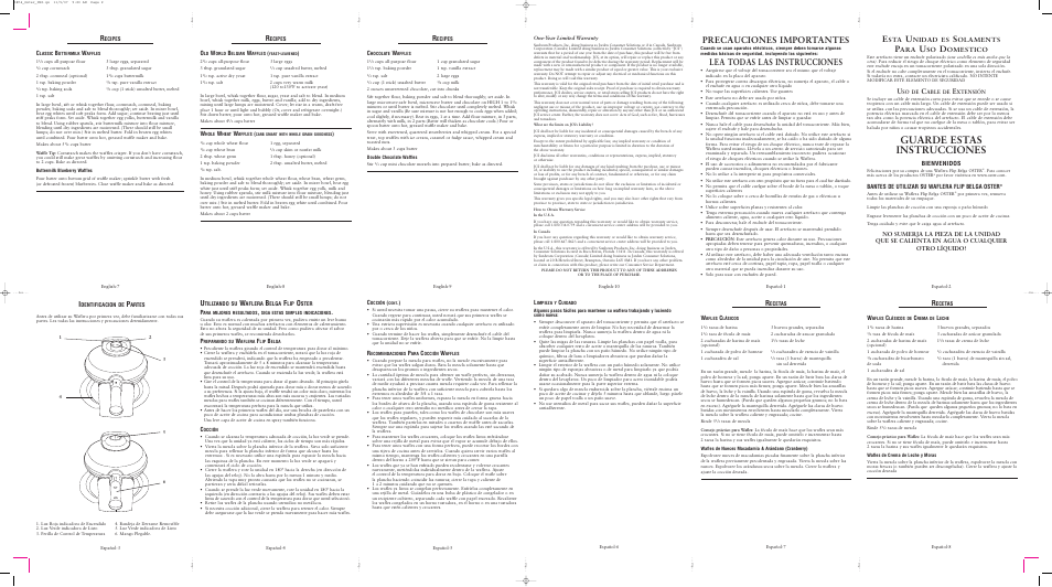 Guarde estas instrucciones, Precauciones importantes, Lea todas las instrucciones | Nidad es, Olaments, Omestico, Bienvenidos, Bantes de utilizar su waflera flip belga oster, Ecipes, So de | Oster 124366 User Manual | Page 2 / 2