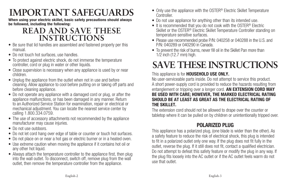 Important safeguards, Save these instructions, Read and save these instructions | Oster Cookware User Manual | Page 2 / 14