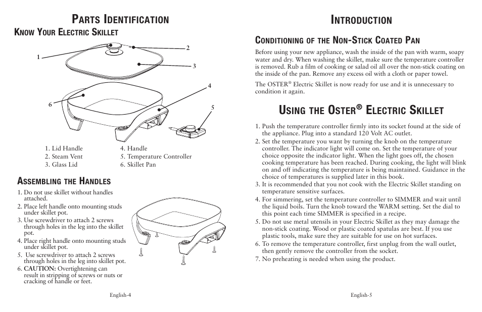 Arts, Dentification, Ntroduction | Sing, Ster, Lectric, Killet | Oster Cookware User Manual | Page 3 / 14