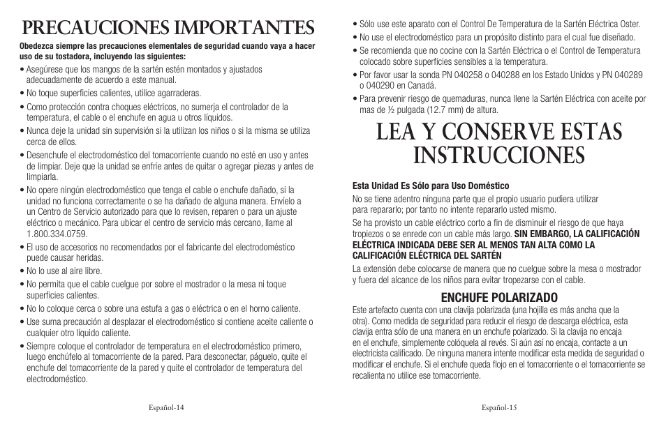 Lea y conserve estas instrucciones, Precauciones importantes, Enchufe polarizado | Oster Cookware User Manual | Page 8 / 14