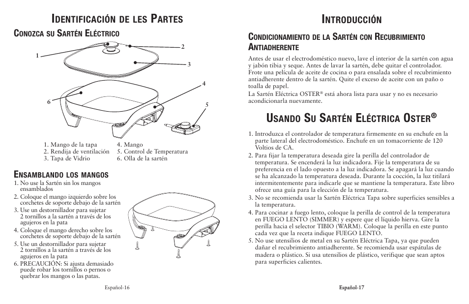 Dentificación, Artes, Ntroducción | Sando, Artén, Léctrica, Ster | Oster Cookware User Manual | Page 9 / 14