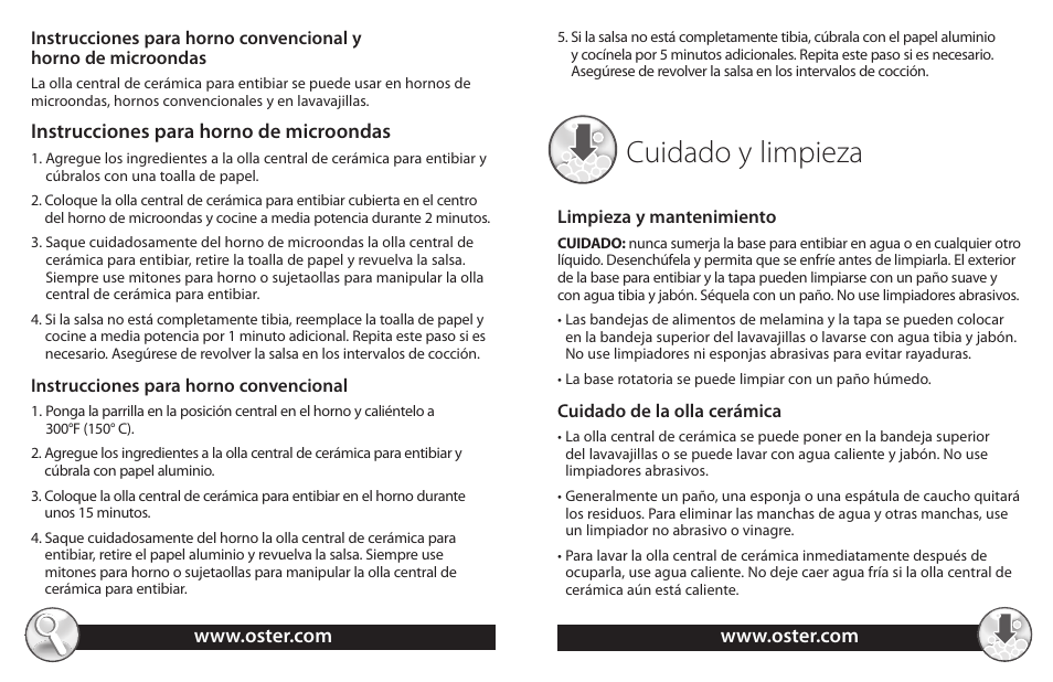 Cuidado y limpieza, Instrucciones para horno de microondas | Oster TSP100 User Manual | Page 12 / 16