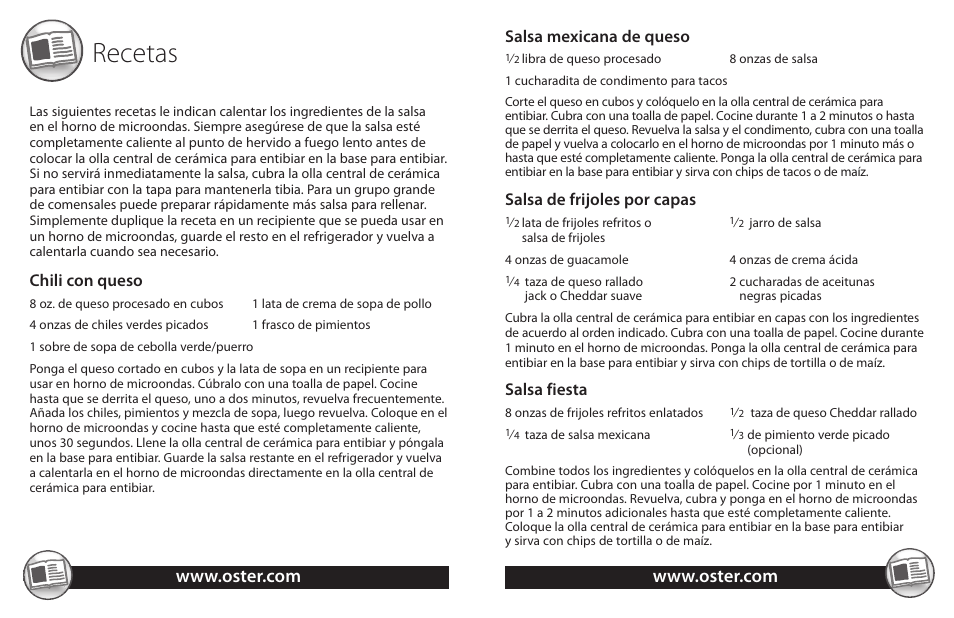 Recetas, Salsa mexicana de queso, Salsa de frijoles por capas | Salsa fiesta, Chili con queso | Oster TSP100 User Manual | Page 13 / 16