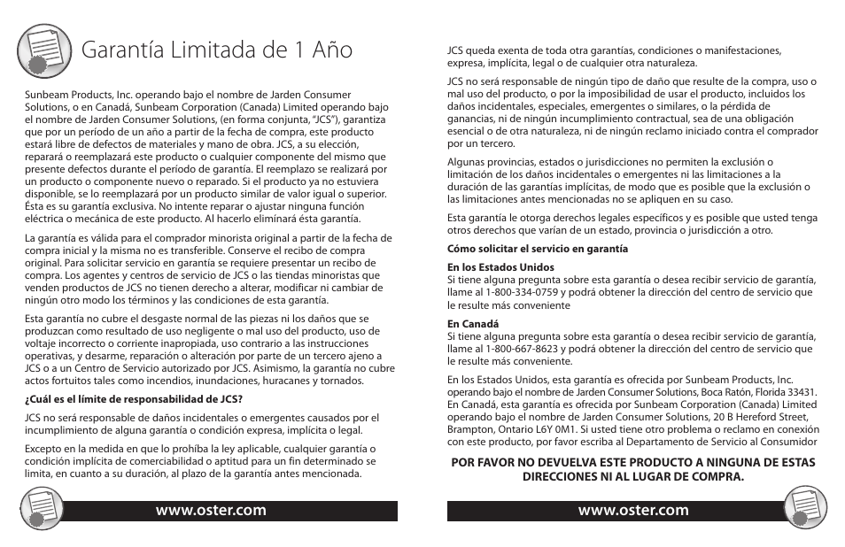 Garantía limitada de 1 aсo | Oster TSP100 User Manual | Page 16 / 16