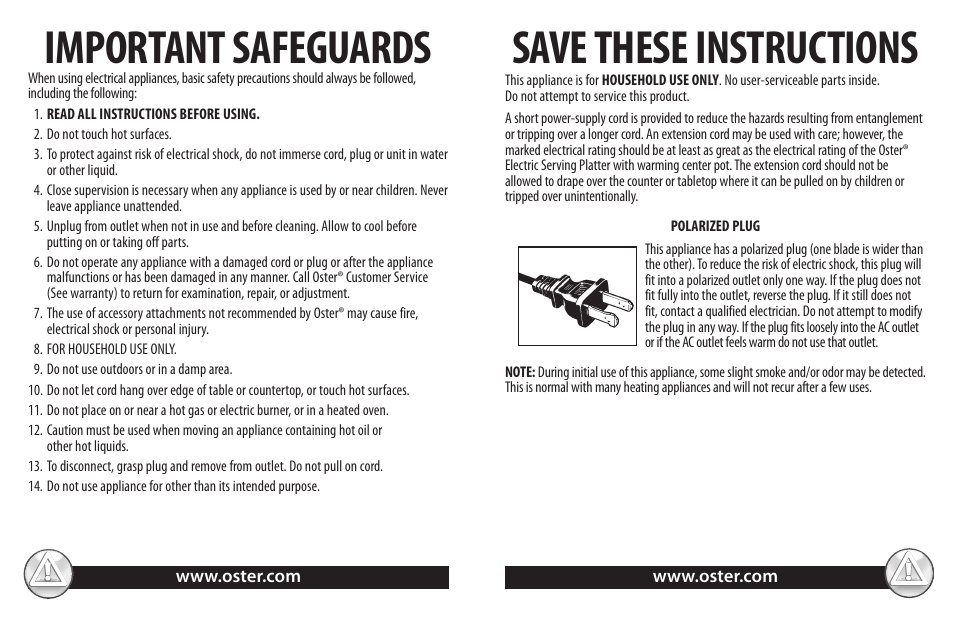 Save these instructions, Important safeguards | Oster TSP100 User Manual | Page 2 / 16